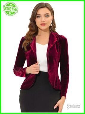 Women's Velvet Blazer Notched Lapel Button Office Suit Jacket